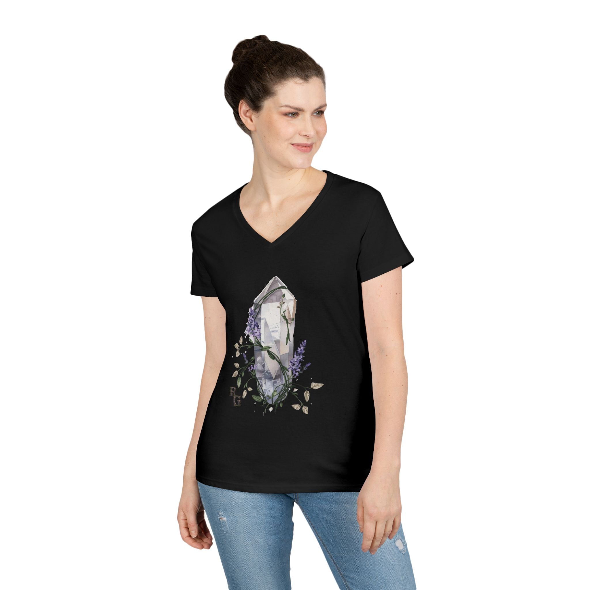 Lavender Crystal V-Neck Tee – Soft Botanical Fantasy Shirt